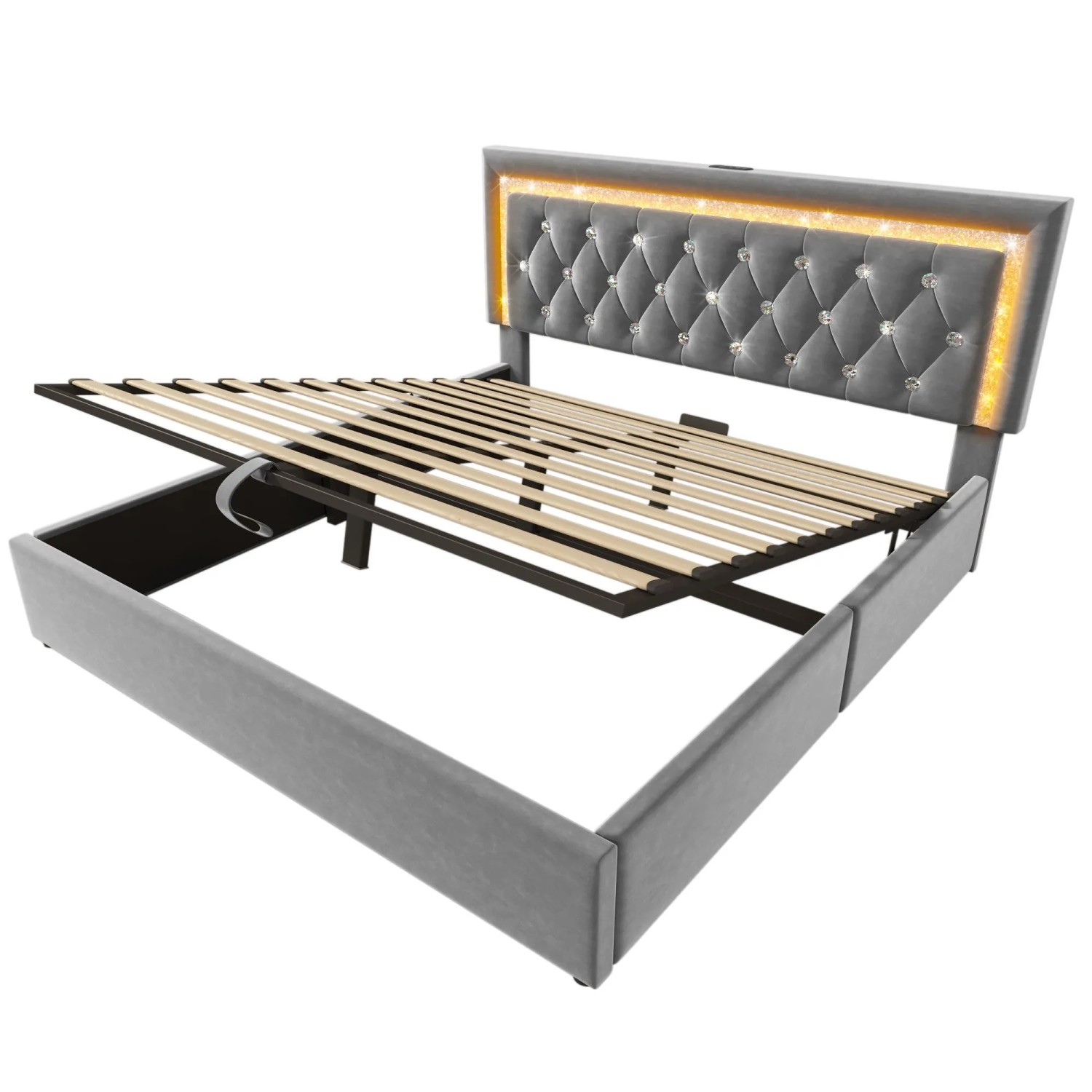 okwish Polsterbett 140x200cm mit LED USB Type C Jugendzimmer Grau ohne Matratze