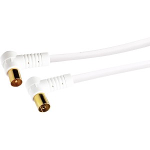 Weißes Schwaiger Antennenkabel, 3 m, 90 dB, mit abgewinkelten Steckern für optimalen Anschluss.
