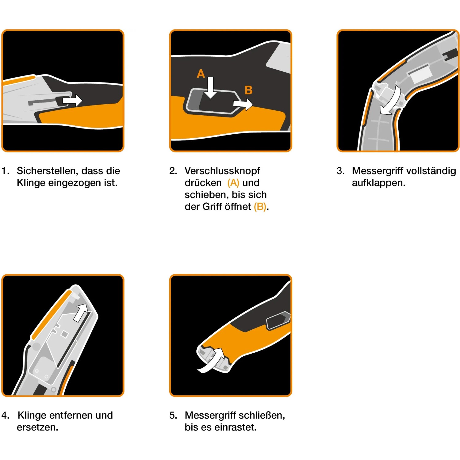 Anleitung: Fiskars Universalmesser CarbonMax™ mit einziehbarer Klinge – Klingenwechsel und Handhabung.