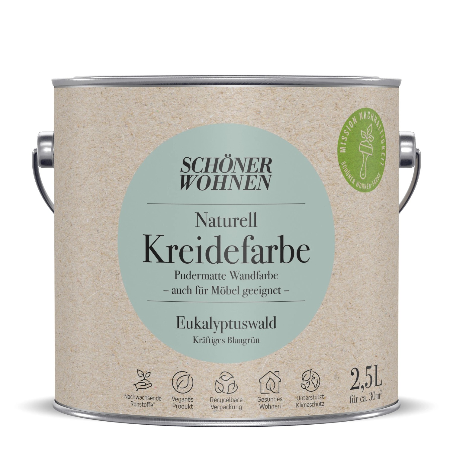 Schöner Wohnen Kreidefarbe Eukalyptuswald 2,5l, pudermatte Wandfarbe für Innen und Möbel.