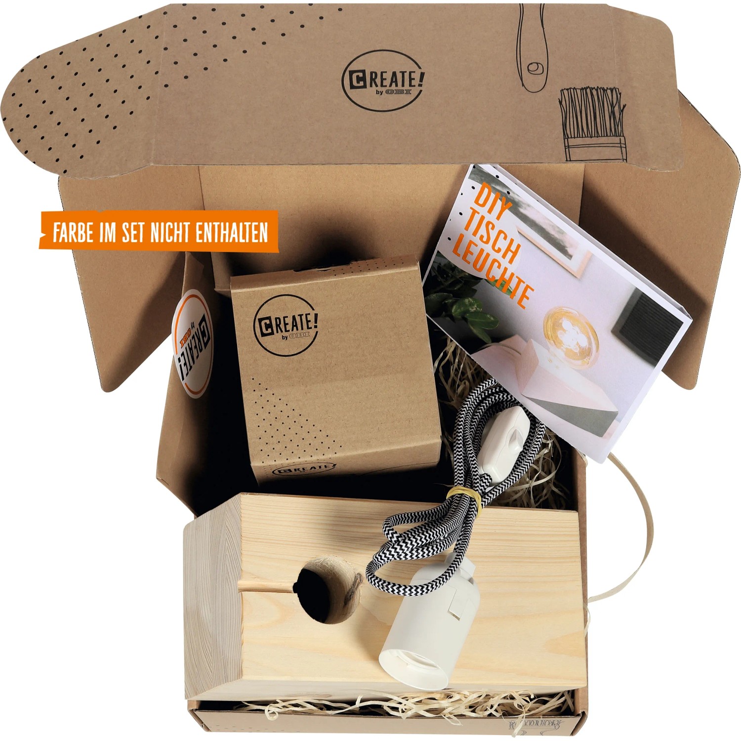 CREATE! by OBI DIY Tischleuchte Groß im Karton mit Holzwürfel, Kabel, Fassung und Anleitung.
