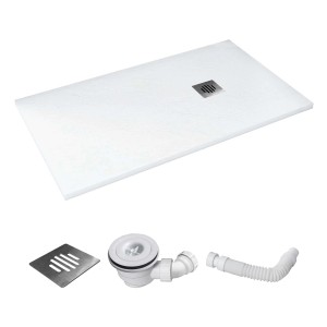 Rechteckige, weiße Duschwanne (80x120) in Schieferoptik mit Ablaufgarnitur und Edelstahl-Abdeckung.