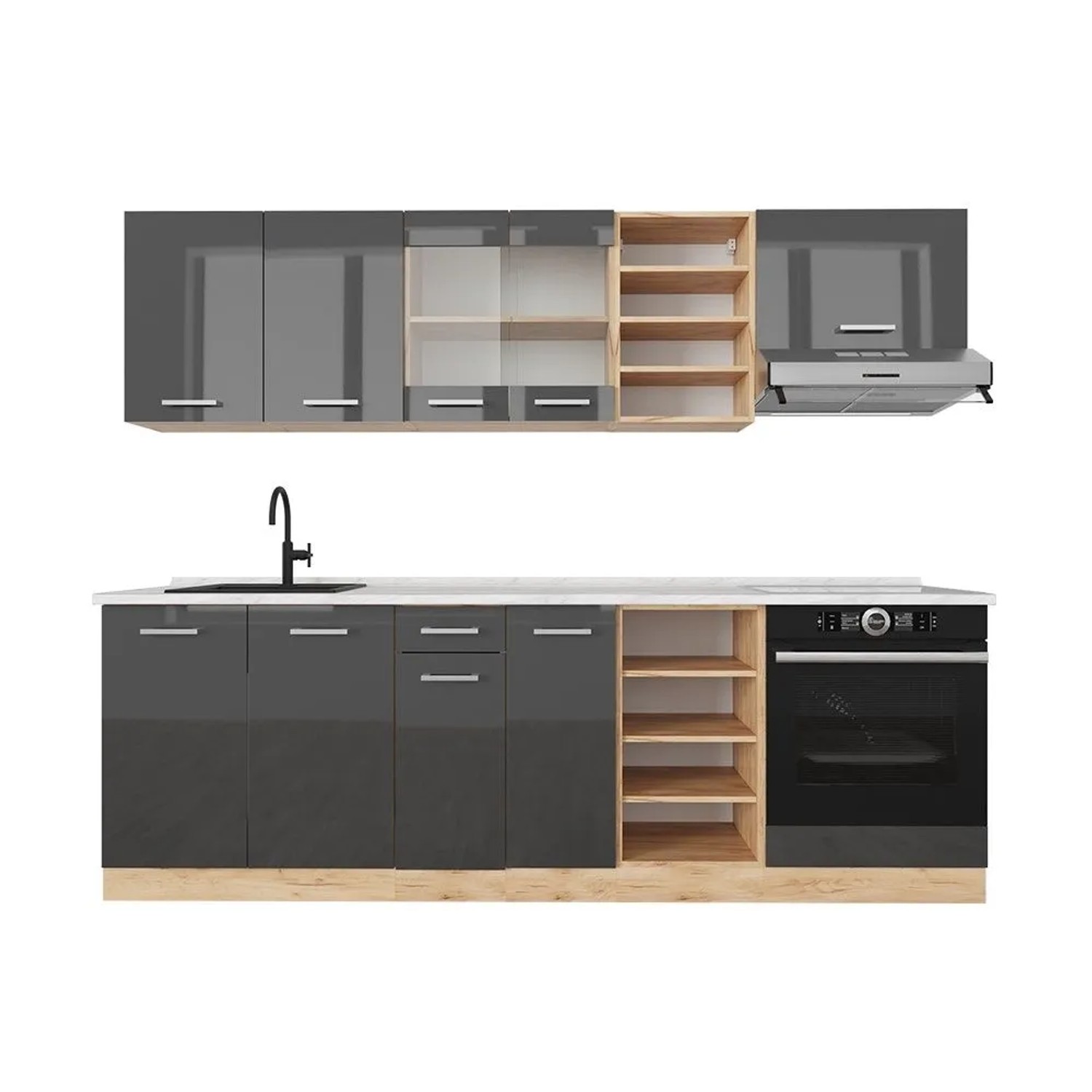 Vicco R-Line Küchenzeile Anthrazit Hochglanz Goldkraft Eiche 240 cm AP Marmor ohne E-Geräte