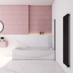 Rechteckiger, schwarzer Badewannenaufsatz (80x140cm) von AICA mit ESG-Glas in modernem Badezimmer.