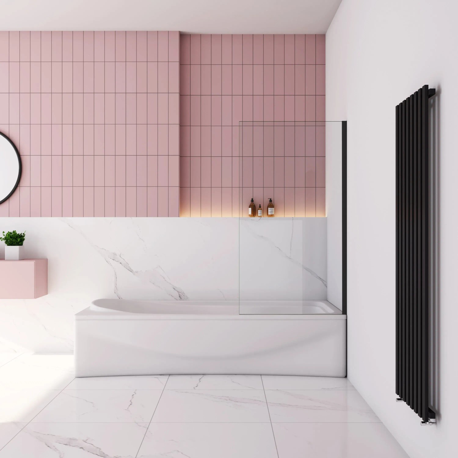 Rechteckiger, schwarzer Badewannenaufsatz (80x140cm) von AICA mit ESG-Glas in modernem Badezimmer.