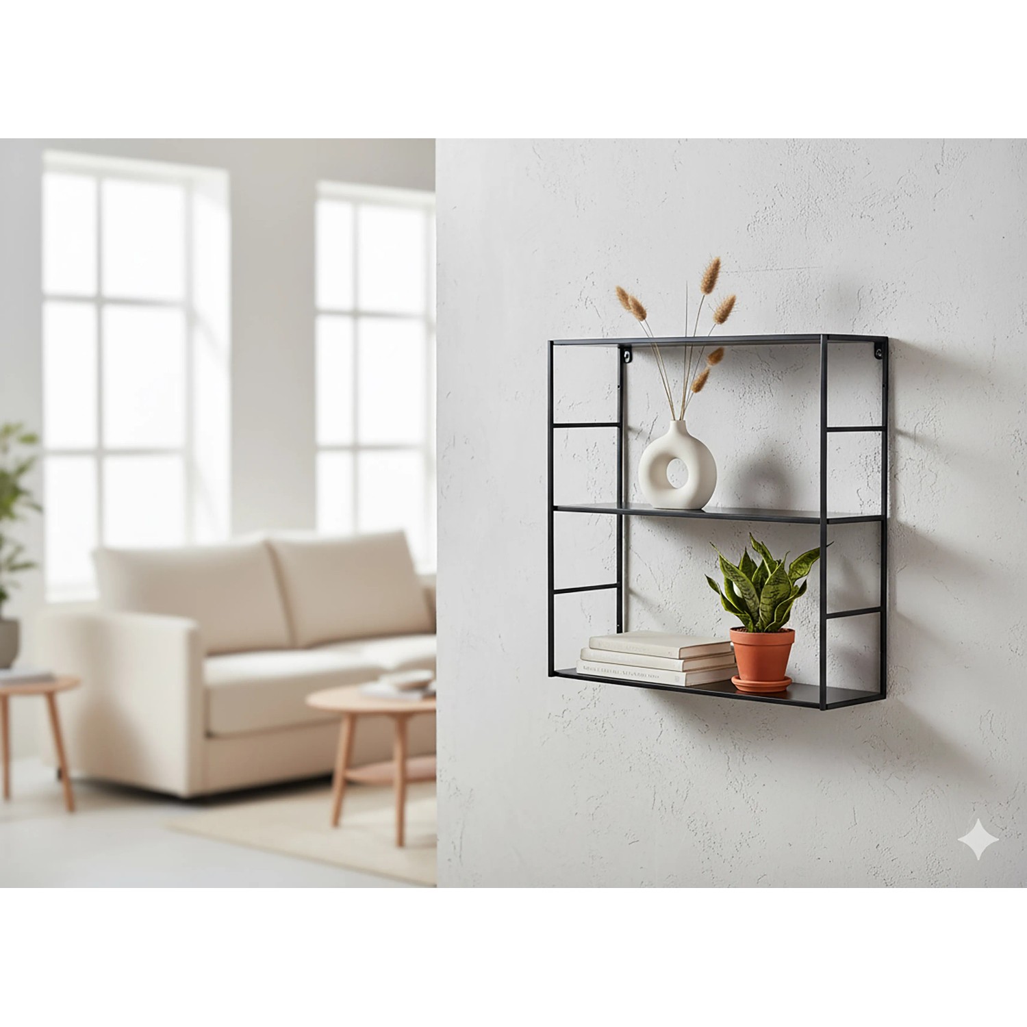 Schwarzes Metall-Regal Pinnock, 60x60x20 cm, mit Deko an der Wand.