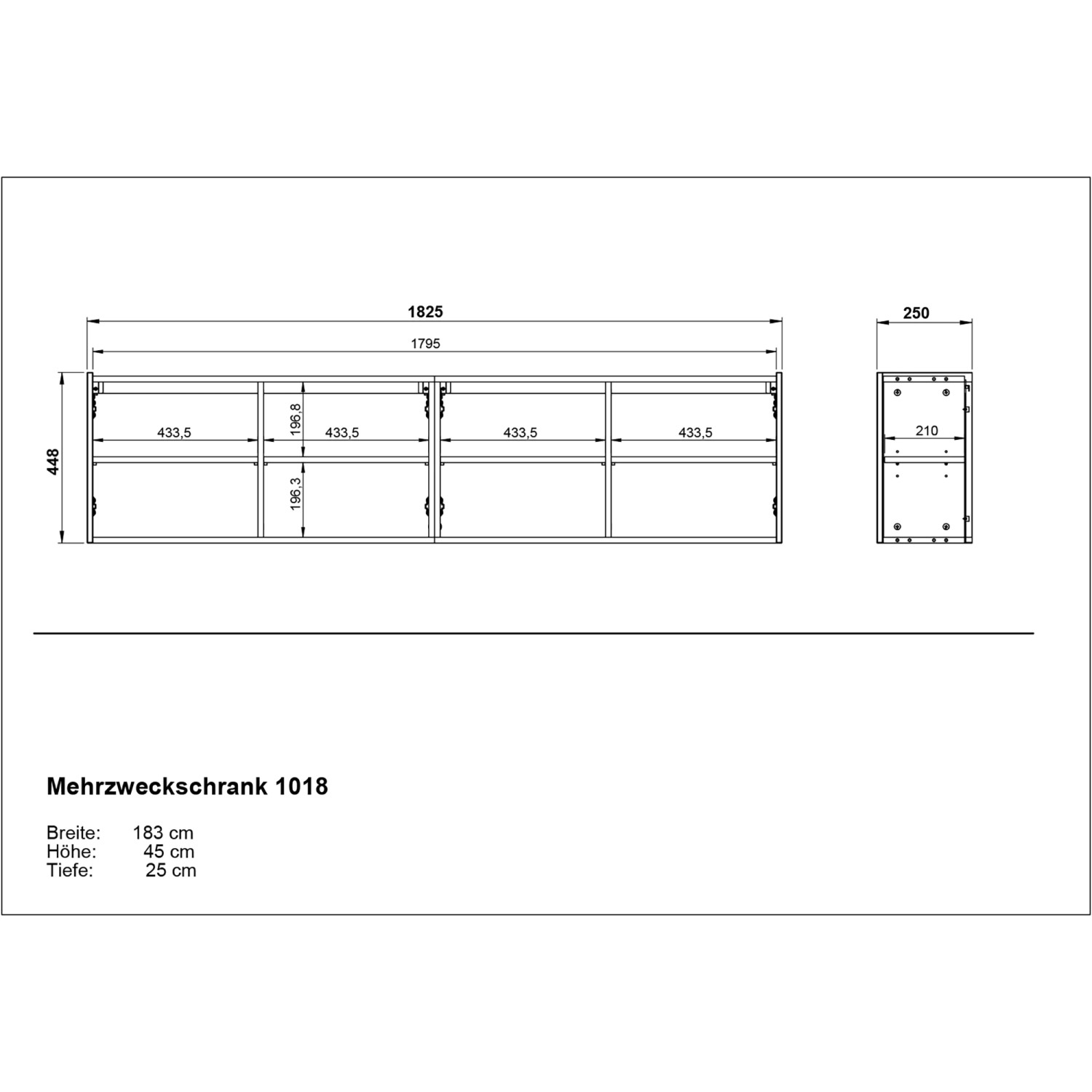 Technische Zeichnung: Weißer Germania Mehrzweckschrank, 183x45x25 cm, für Garderobe oder Flur.