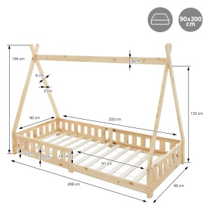 ML-Design Kinderbett Tipi 90x200cm, Naturholz mit Rausfallschutz und Lattenrost, Maße