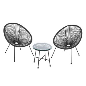 Schwarzes 3-teiliges Balkonmöbel Set Ostana mit Tisch und 2 Sesseln aus Polyrattan.