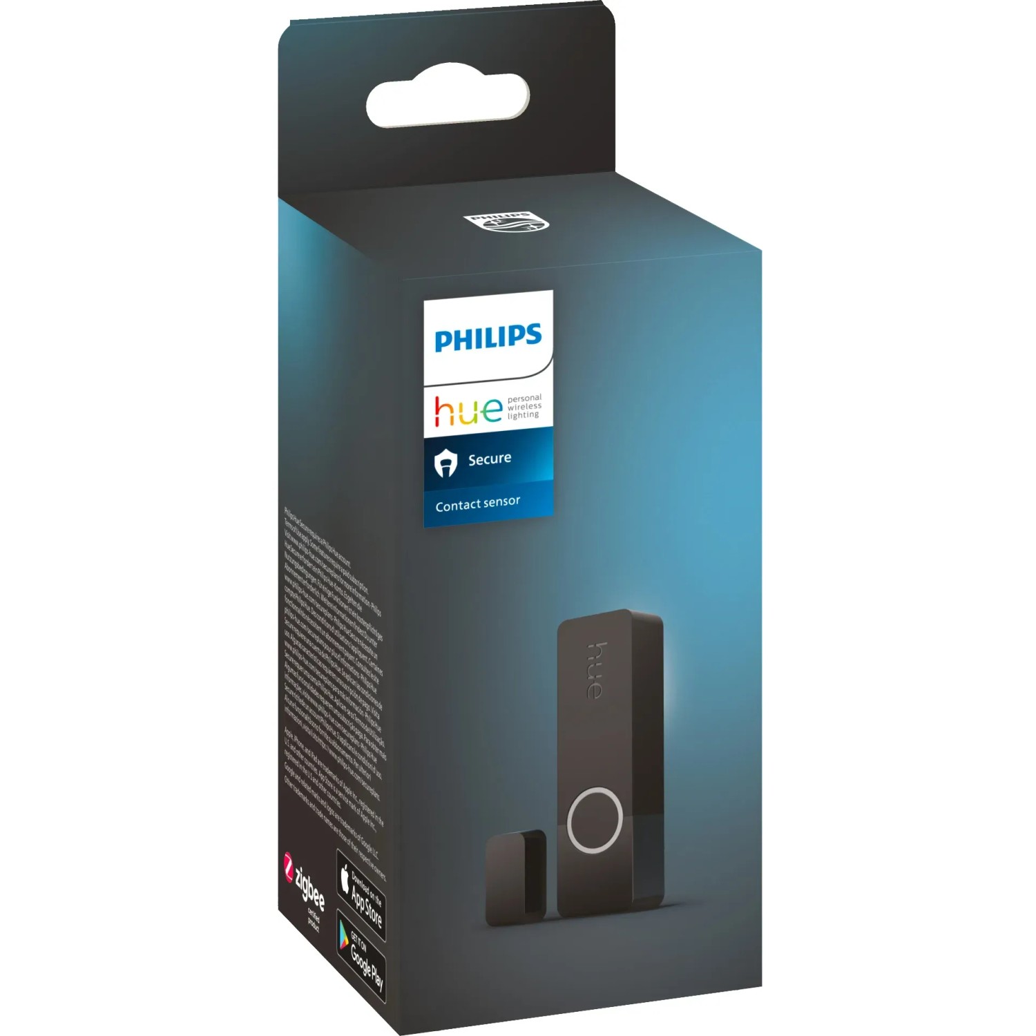 Verpackung des Philips Hue Kontaktsensors Secure, 7 cm, schwarz. Kameraüberwachung für mehr Sicherheit.