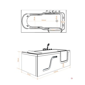 Skizze der AquaVapore Senioren-Whirlpoolwanne mit Tür, Maße: 150x75cm, Einstiegshöhe 20cm.