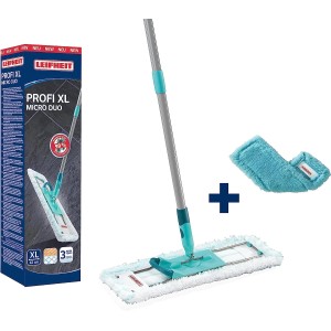 Leifheit Profi XL Bodenwischer für glatte Böden mit Staubwischbezug und Produktverpackung.