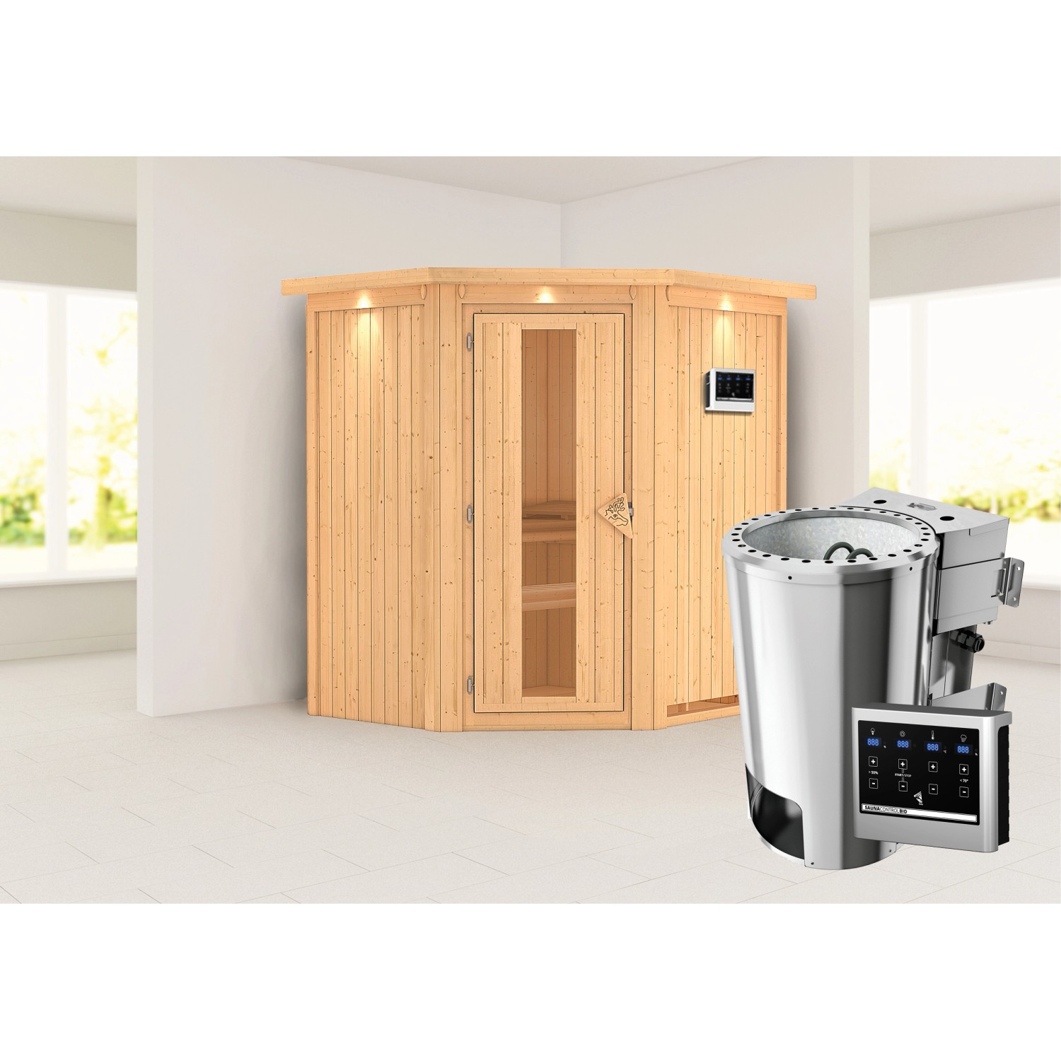 Karibu Sauna Thora mit Bio-Ofen externe Stg.Easy LED-Dachkranz Natur