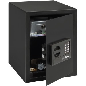 Offener, schwarzer Burg-Wächter Möbeltresor Favor S 7 E mit elektronischem Schloss und Inhalt.