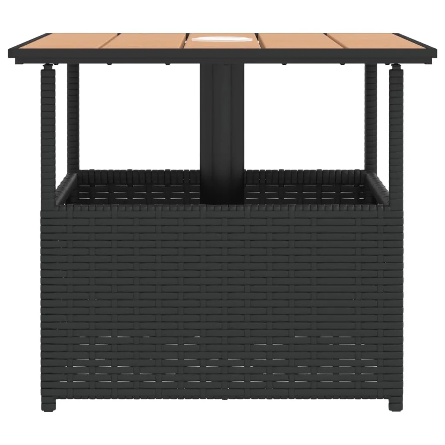 Schwarzer vidaXL Gartentisch mit Schirmloch, 55x55 cm, aus Poly Rattan und Akazienholz.