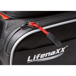 Detailaufnahme: Schwarze Lifenaxx Fahrradtasche LX-029 mit rotem Reißverschluss und weißem Logo.