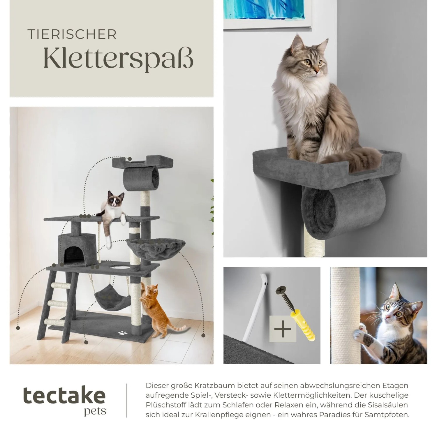 Grauer Tectake Kratzbaum Marcel, 141 cm hoch, mit Sisalstämmen und mehreren Ebenen für Katzen.