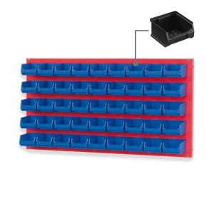 PROREGAL Trägersystem mit roter Platte und 45 blauen Sichtlagerboxen für Werkstatt & Lager.