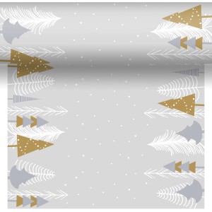 Duni Tischläufer Dunicel Winter Trees mit stilisiertem Tannenbaum Muster in Gold, Grau und Weiß.