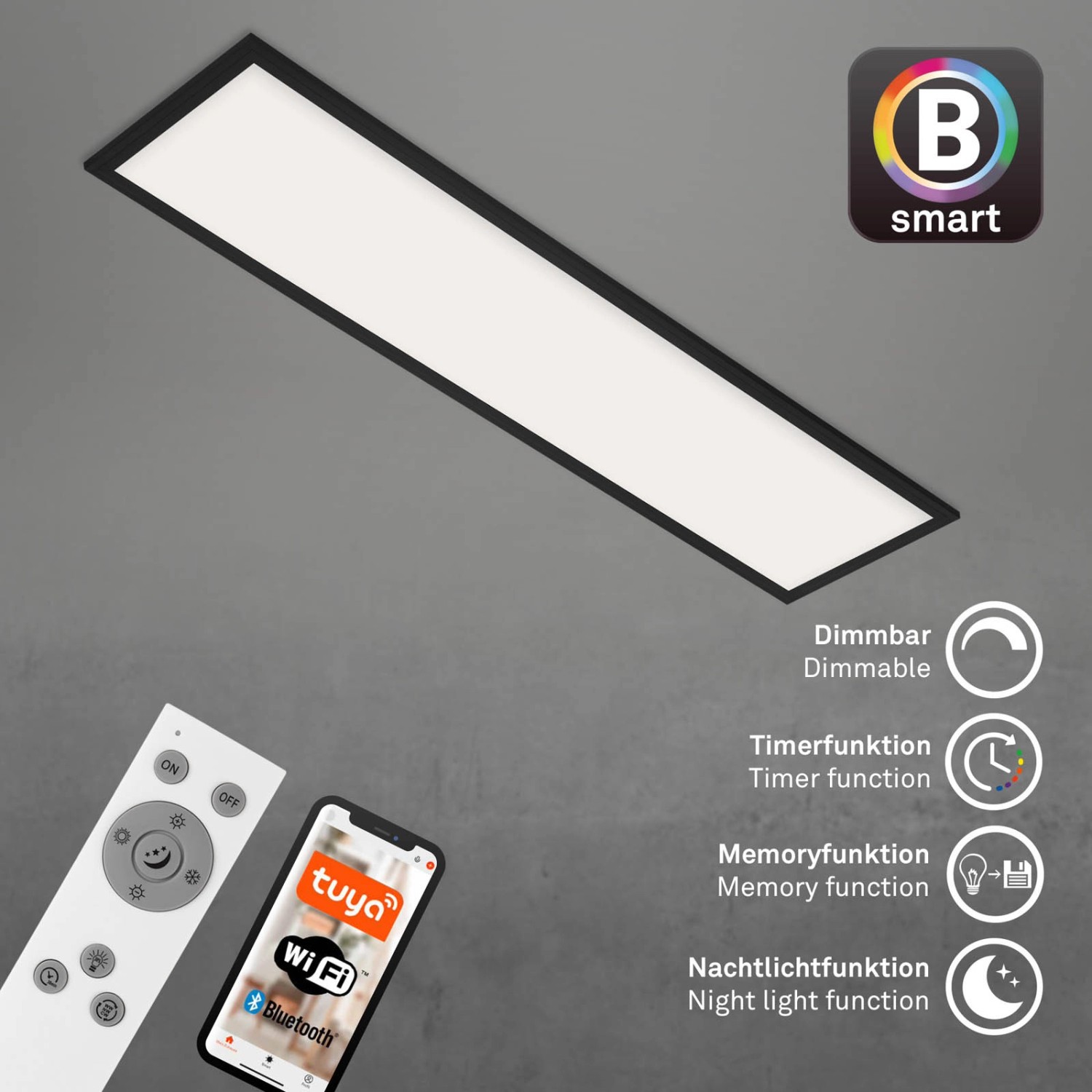 Dimmbare, schwarze Brilo LED-Deckenleuchte Piatto S B-Smart mit Fernbedienung und App-Steuerung.