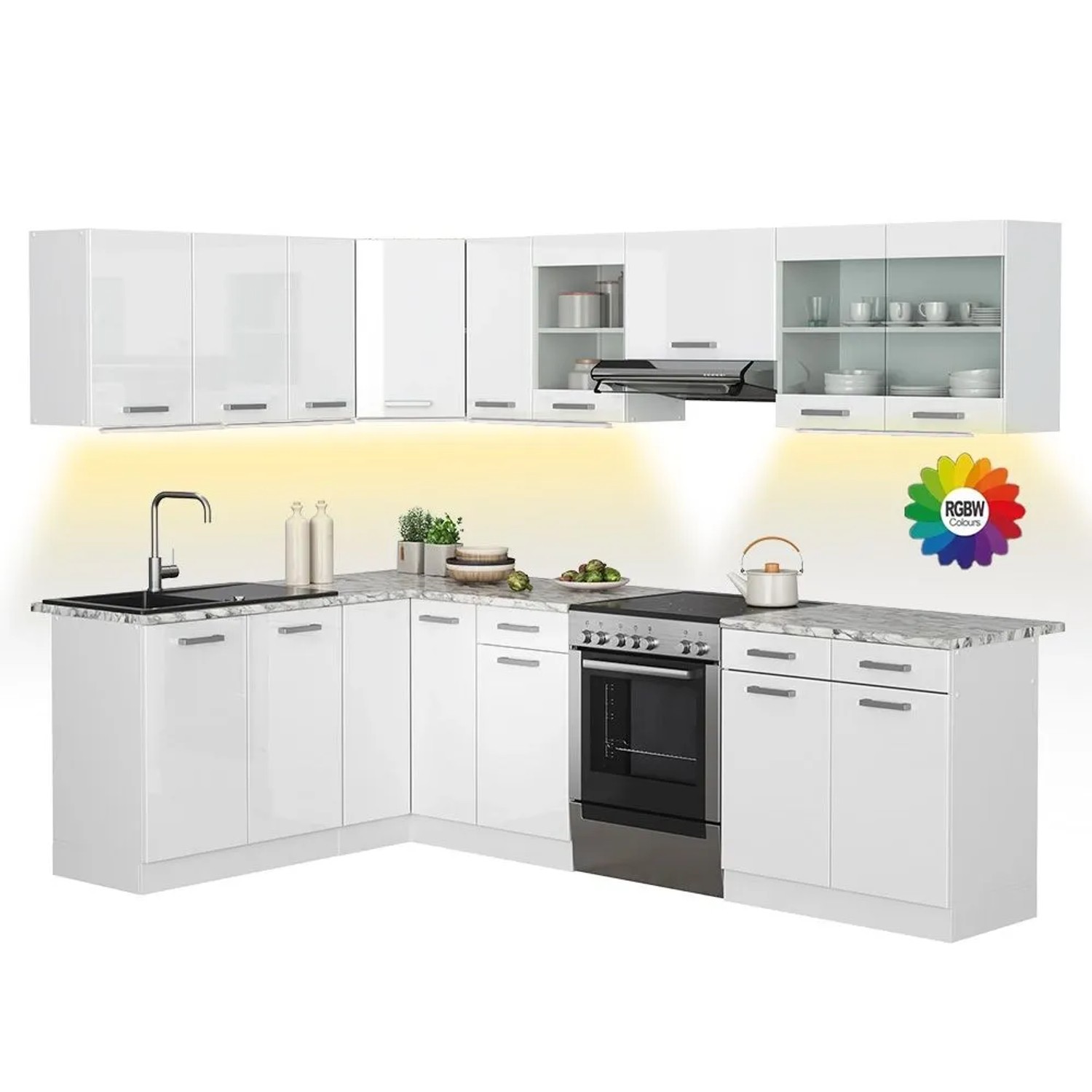 Vicco Eckküche R-Line Weiß Hochglanz/Weiß 267 x 82, AP Marmor mit LED-Leisten