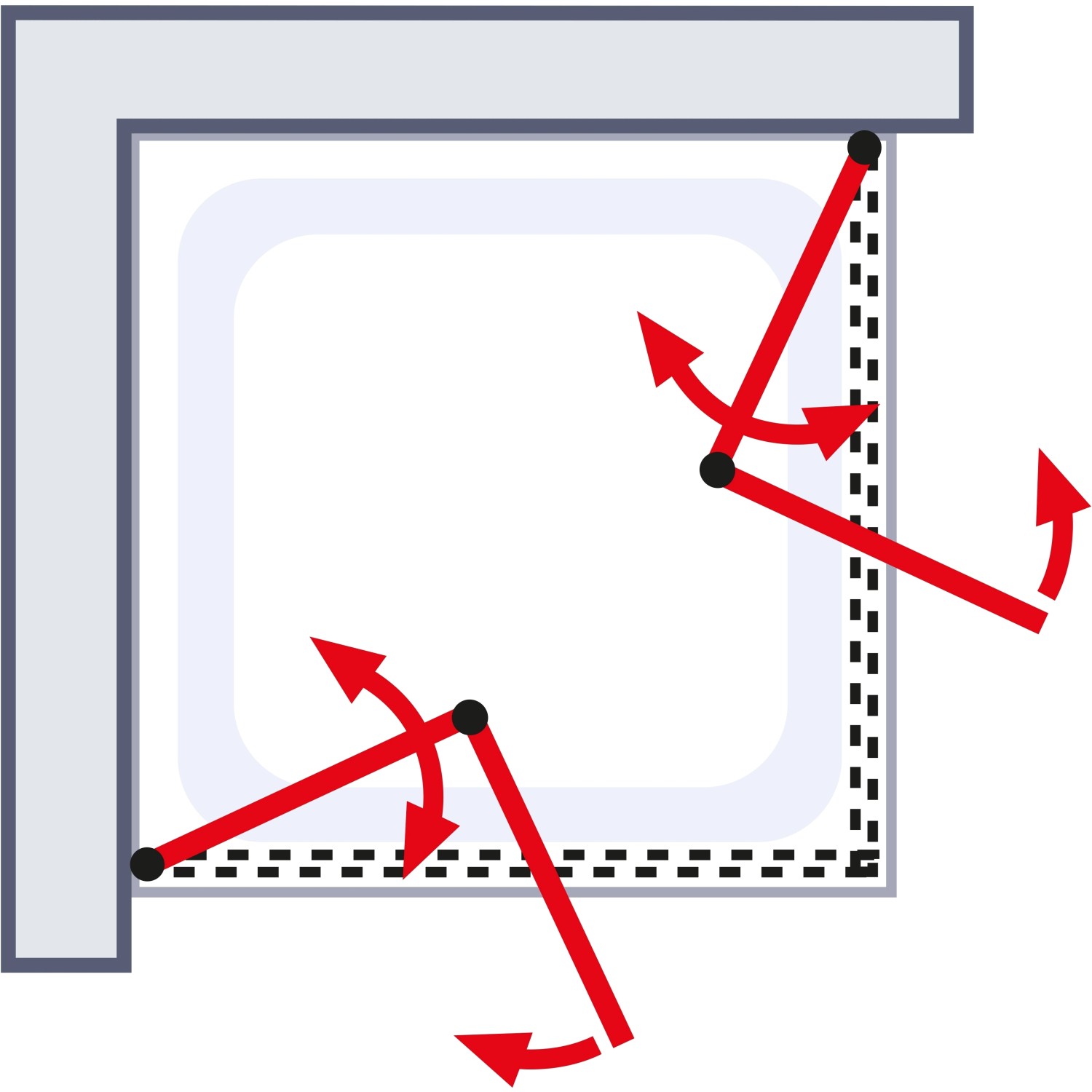 Illustration einer Schulte Drehfalttür Eckeinstieg, die sich platzsparend zusammenfalten lässt.