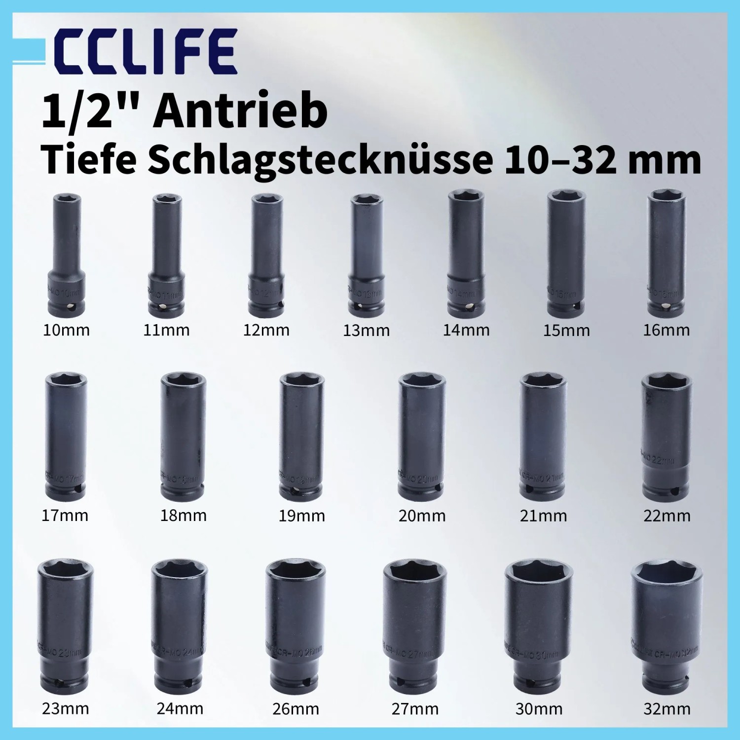 CCLIFE 1/2 Zoll tiefe Schlagschrauber Nüsse, 10-32mm, schwarz. Robuste Cr-Mo Stahl Stecknüsse für Werkstatt.
