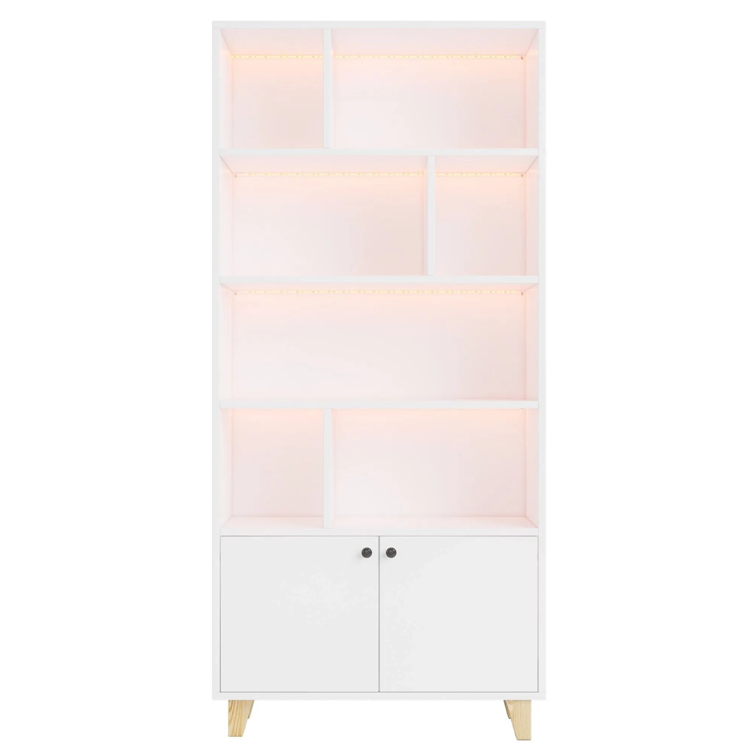 PXloue LED Bücherregal Weiß 80 x 30 x 173 cm Mit 4 Ablagen Doppeltüren Massivholz