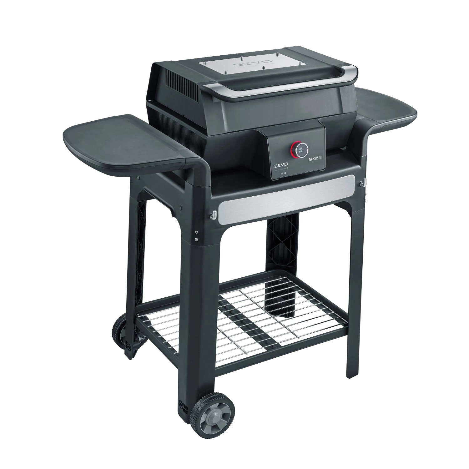 Severin Standgrill PG 8139 Sevo Smart Control GTS, ein Elektrogrill mit Ablageflächen und Rollen.