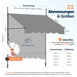 Sekey Klemmmarkise für Balkon mit Kurbel ohne Bohren Sonnenschutz UV-beständig Balkonmarkise 250 x 130 cm Hellgrau