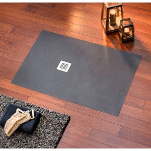 Rechteckige, anthrazitfarbene Ottofond Duschwanne Strato, 100x80 cm, mit Edelstahl-Ablauf auf Holzboden.