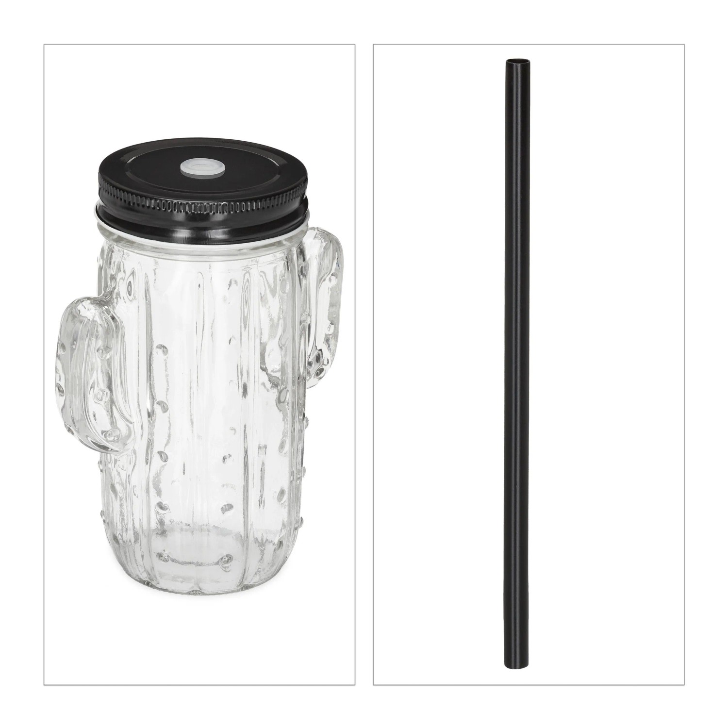 Relaxdays Trinkgläser Glas Transparent 8er Set mit Deckel und Strohhalm 14,5 cm x 11 cm x 7 cm 300 g