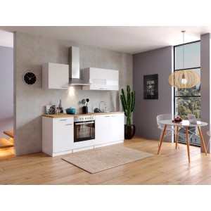 Weiße Respekta Küchenzeile (210 cm) mit Glaskeramikkochfeld und Nussbaum-Arbeitsplatte.