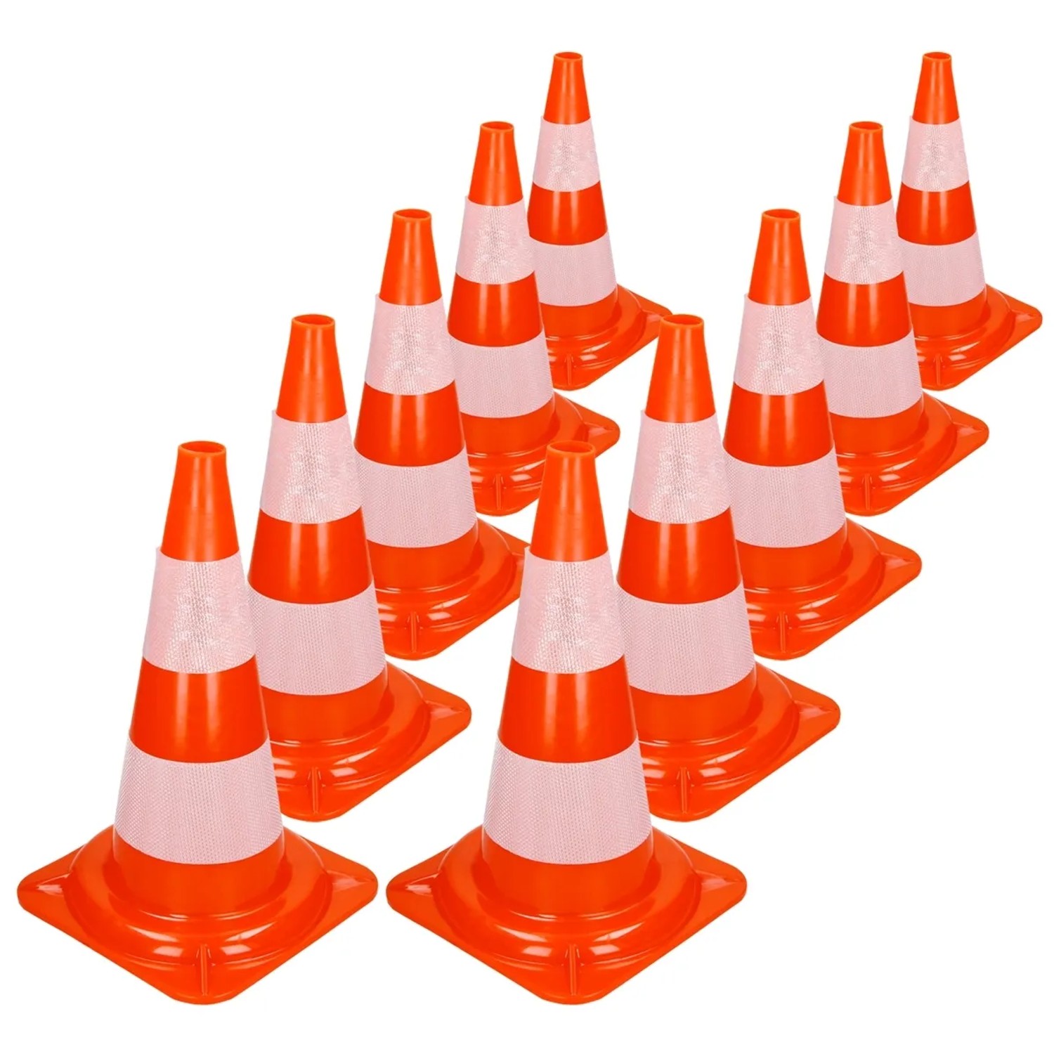 10 orange-weiße Verkehrskegel (47cm) mit reflektierenden Streifen für Pannenhilfe.