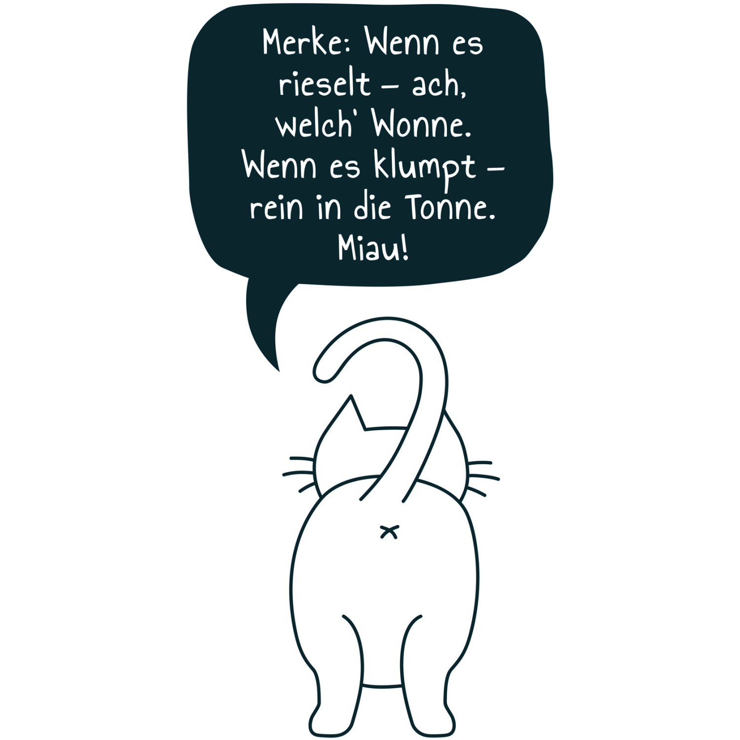 Cartoon-Katze von hinten mit Spruchblase zum Thema Klumpstreu.