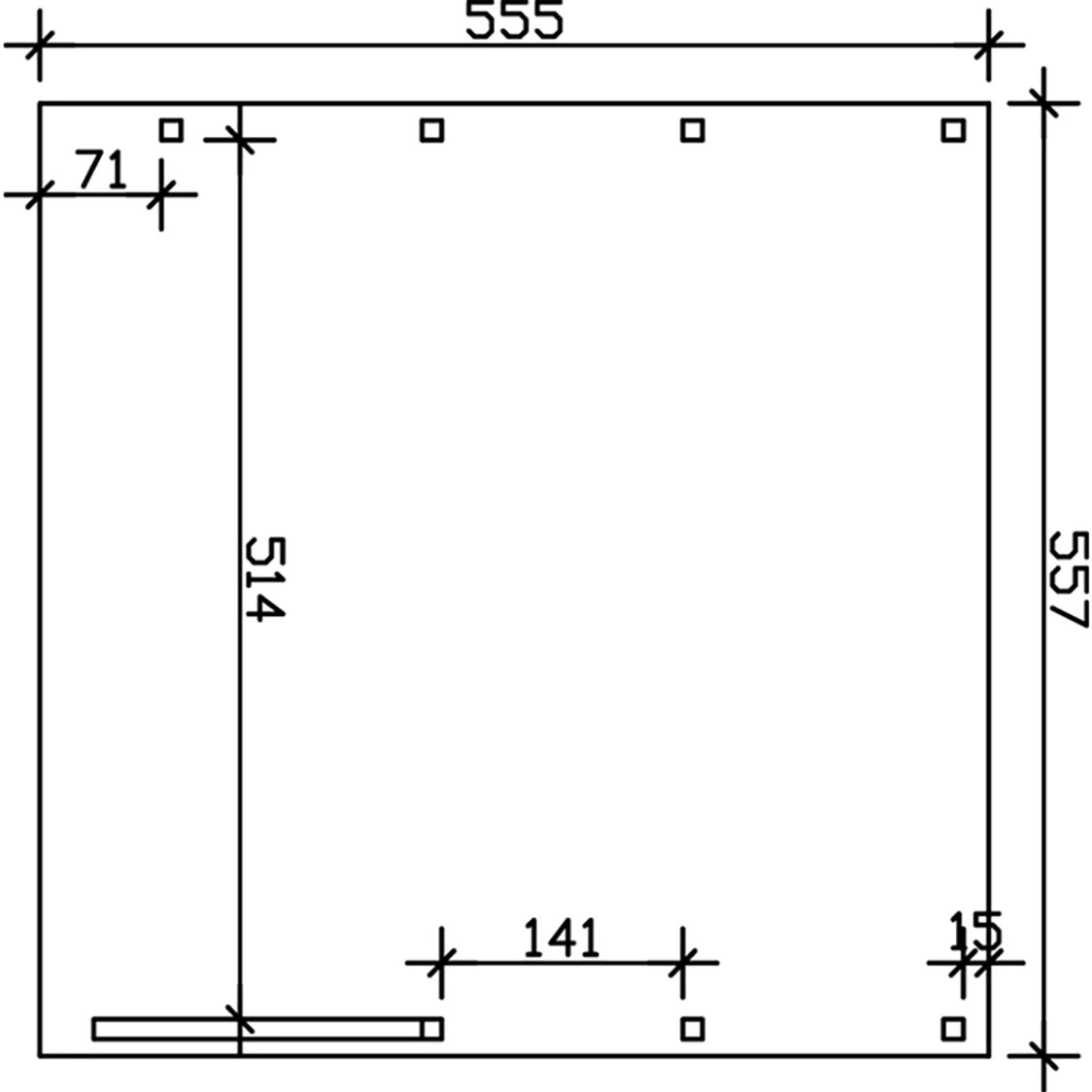 Skizze Friesland Carport Set 7, schiefergrau, 557x555cm, mit Maßangaben für Pfosten und Einfahrt.