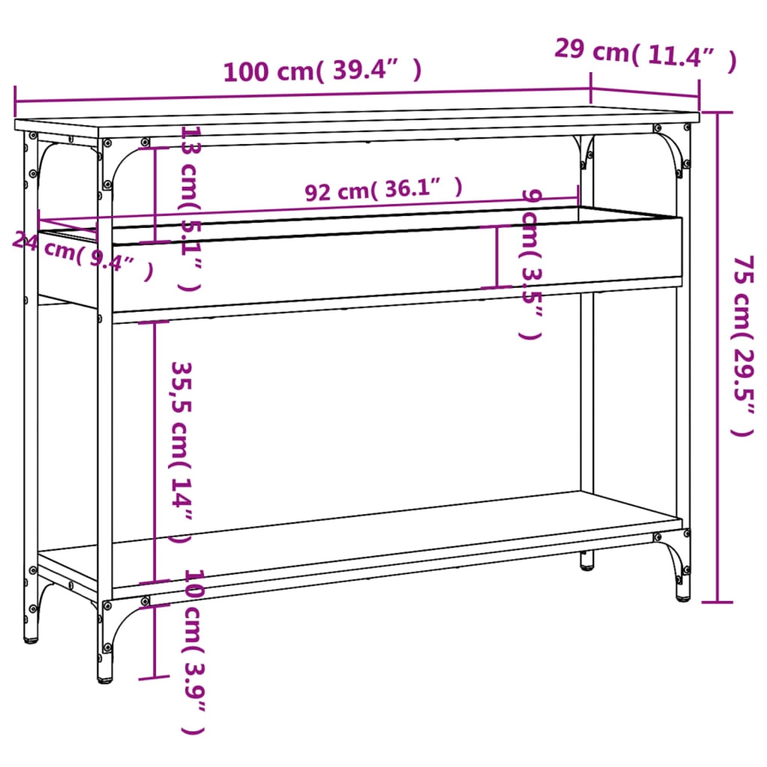 vidaXL Konsolentisch Grau Sonoma, 100x29x75cm, mit Ablage, Holzwerkstoff und Metallrahmen.