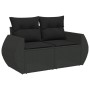 Schwarze 2-Sitzer Garten-Sofagarnitur aus Poly Rattan mit Kissen.