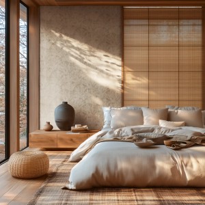 Schlafzimmer mit A.S. Creation Vliestapete Grafik Floral in Creme-Beige.