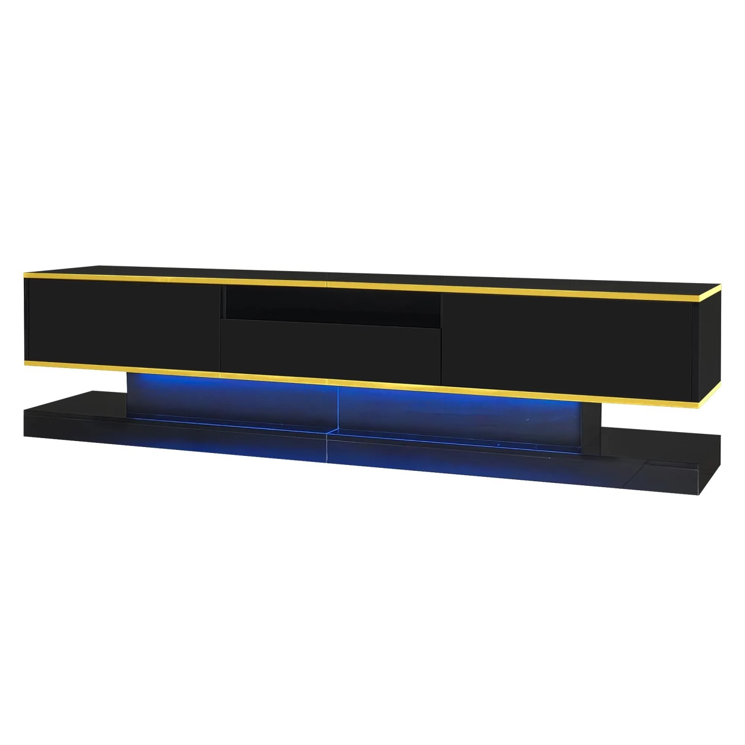 okwish TV Schrank mit Schubladen Offenem Fach LED Hochglanz Wohnzimmer 180×38×45cm Schwarz