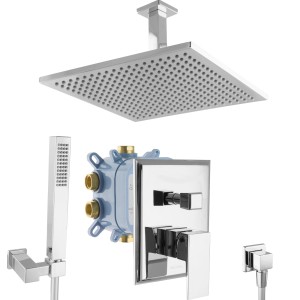 PaulGurkes Regendusche Duschsystem mit eckiger Handbrause und Unterputz Armatur, Chrom.