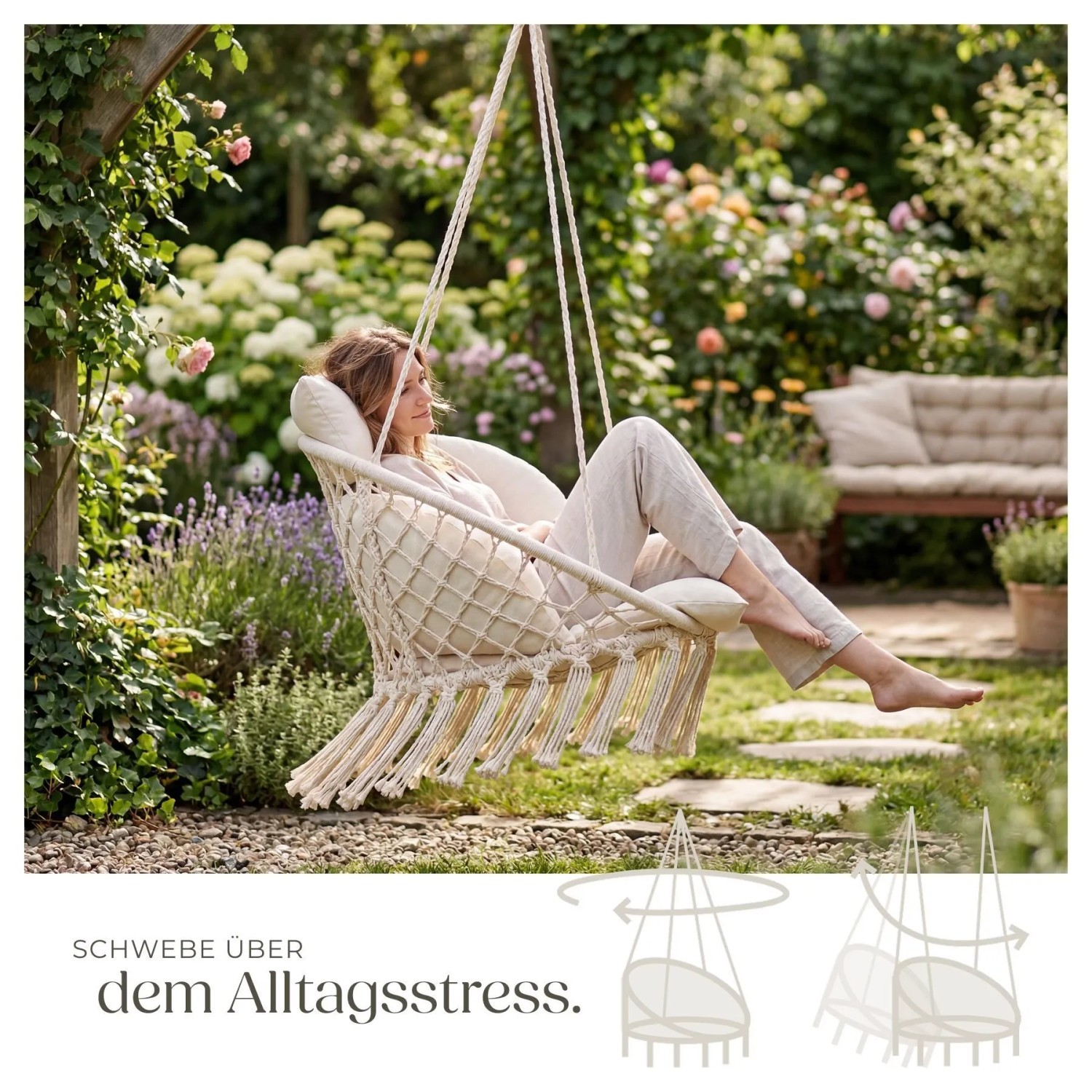 Tectake Hängesessel Samira Mit Dickem Sitzkissen Stabile Halteseile 81 x 80 x 139 cm Beige_4