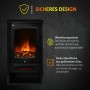 Schwarzer HOMCOM Elektrokamin mit realistischen LED-Flammen und Glasfront. Zeigt Überhitzungsschutz und gehärtetes Glas.