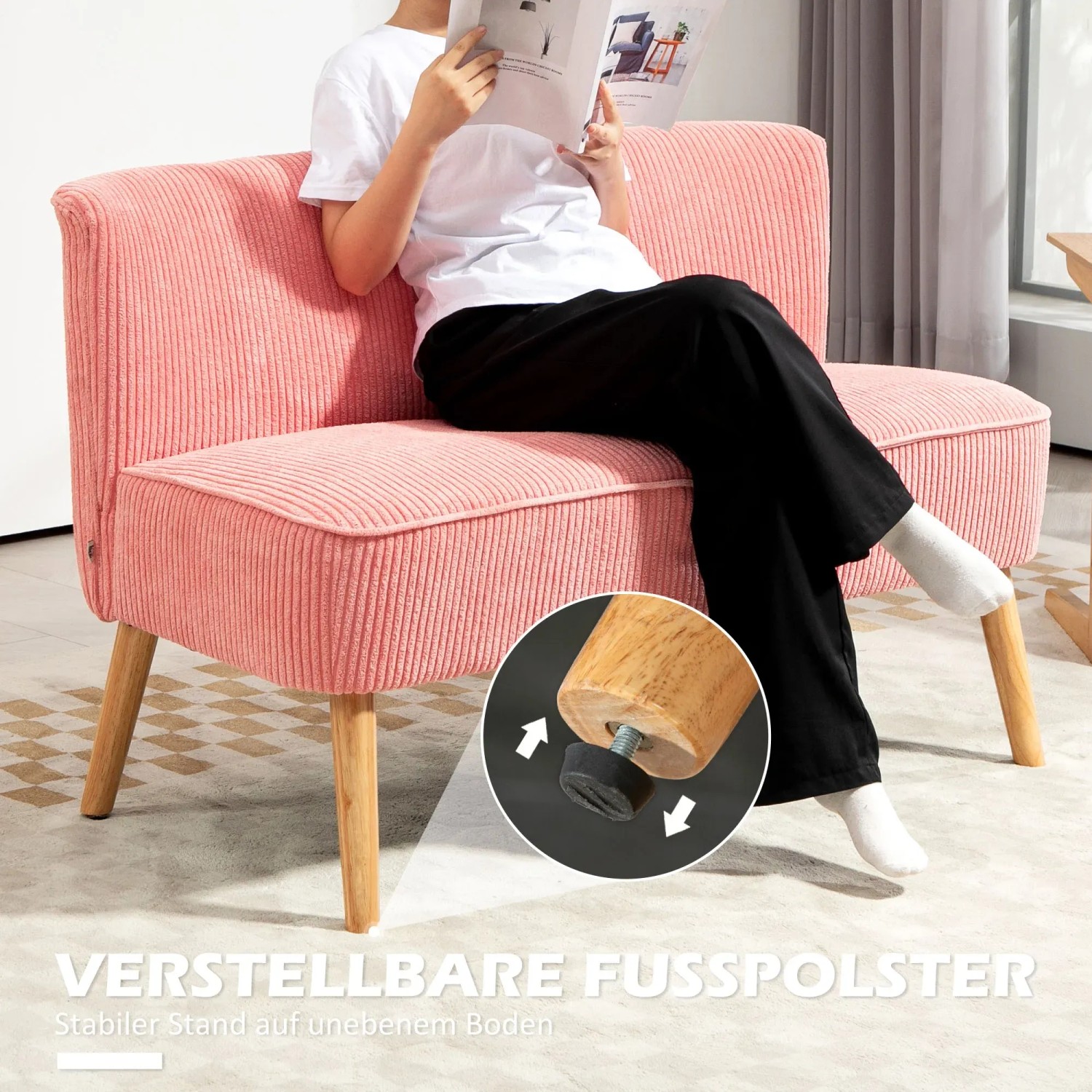 Rosa HOMCOM Sofa 2-Sitzer mit Holzbeinen. Gemütliches Sofa für Wohnzimmer.