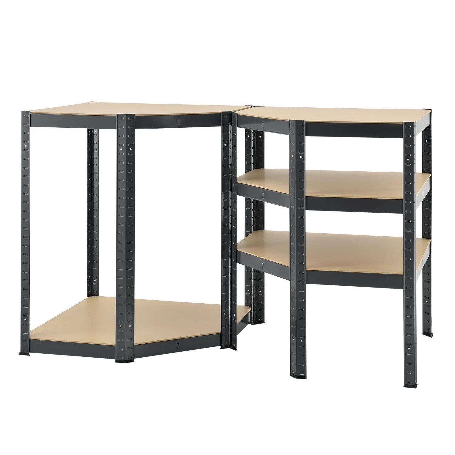 Graues Juskys Eckregal Corner Basic mit 5 Böden, ideal als Lagerregal oder Kellerregal.