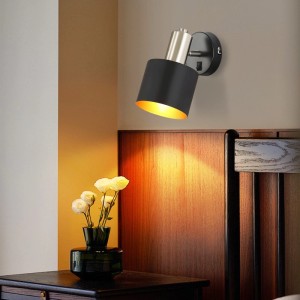 ZMH Vintage Wandleuchte schwarz-gold aus Metall, drehbar, mit Schalter, beleuchtet Nachttisch. E27 Lampe.