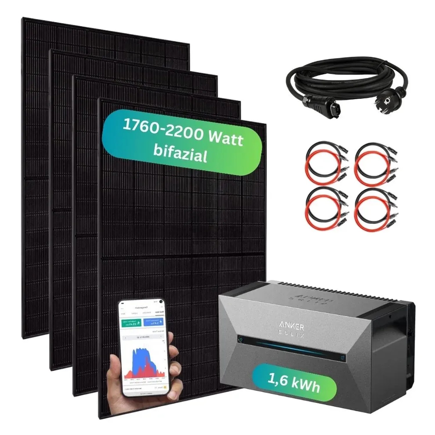 MyVoltaics Balkonkraftwerk mit Speicher, 4 bifaziale Solarmodule, 1,6 kWh Speicher, Kabel und Zubehör.