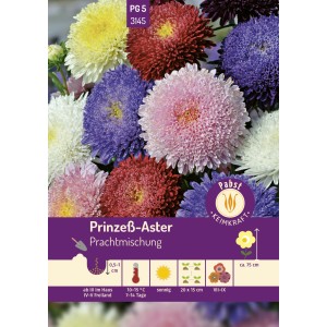 Pabst Keimkraft Prinzeß-Aster Prachtmischung Saatgut mit bunten Blüten in verschiedenen Farben.