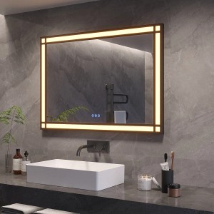 LED Badspiegel mit schwarzem Rahmen, 100x70 cm, mit dimmbarer Beleuchtung.