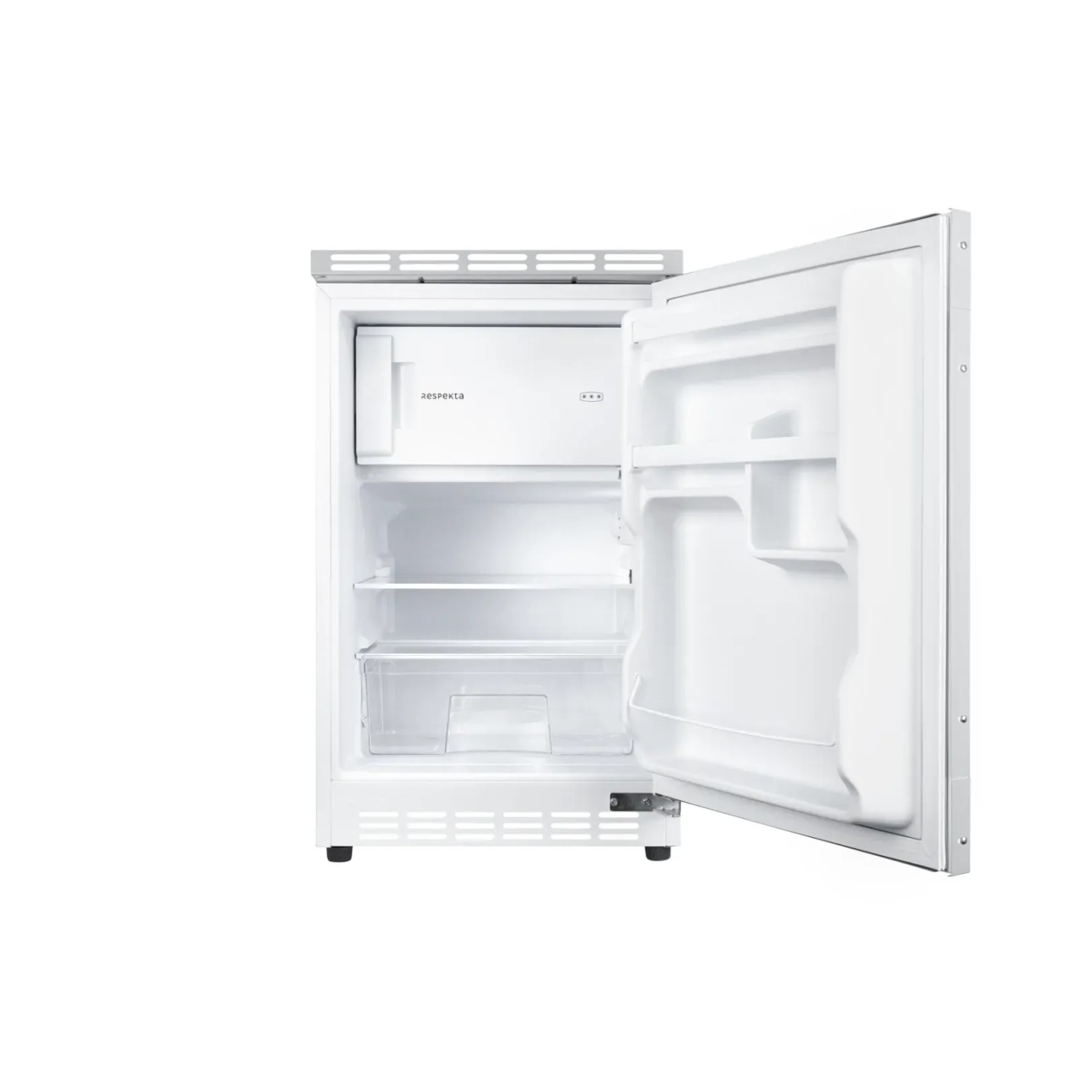 Offener, weißer Respekta Unterbaukühlschrank Ilian mit Glasablagen und Gefrierfach.